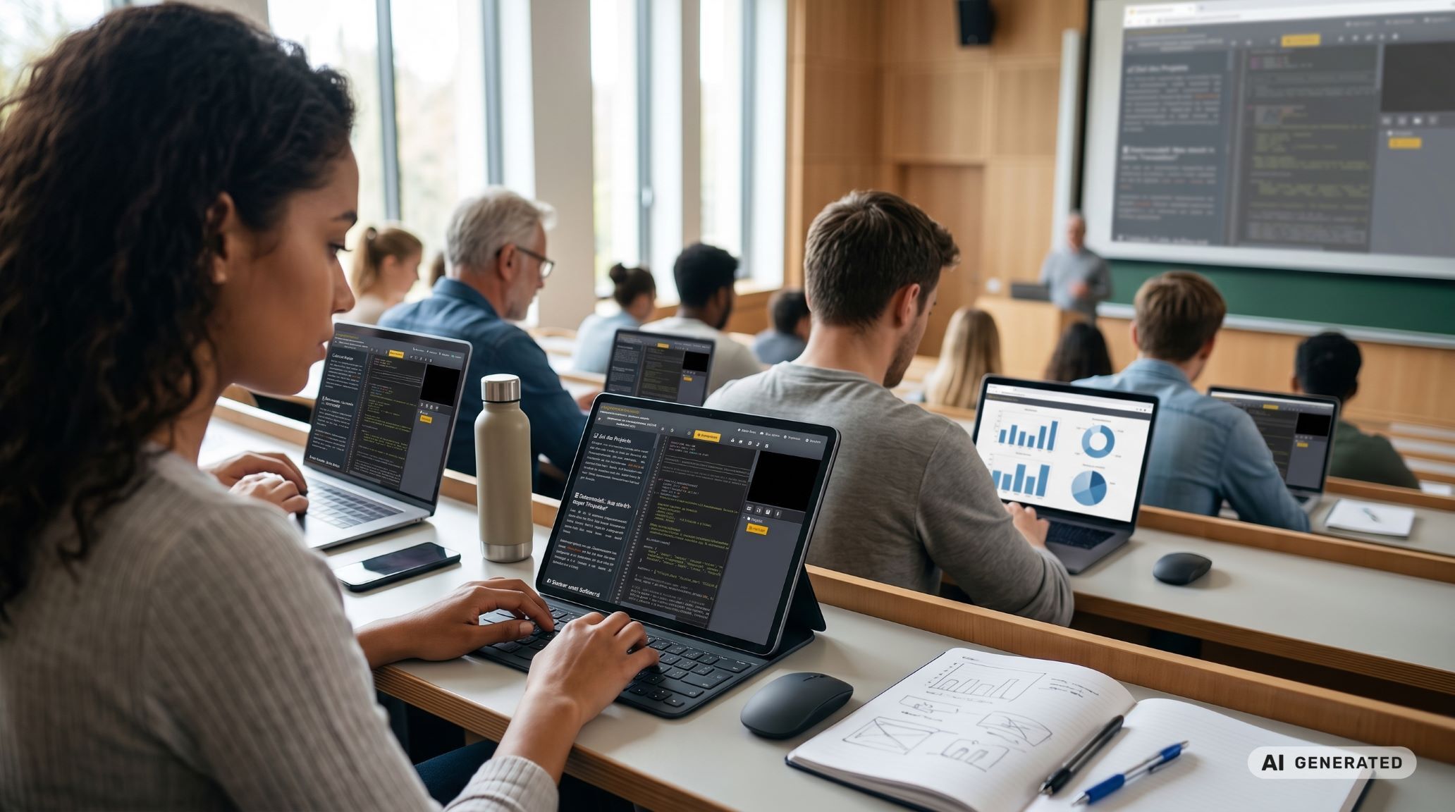 Sala de código en el aula con tabletas y programación en vivo